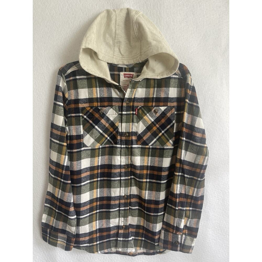 Levi's Boys Hooded‎ Flannel Plaid Shirt Long Sleeves Button Size 10/12 Large